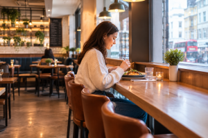 A-customer-enjoying-dinner-at-a-London-restaurant-with-comfortable-counter-seating