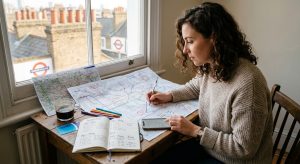 A-woman-checking-a-map-and-planner-to-plan-her-London-city-break