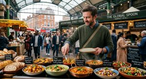solo-male-visitor-choosing-a-freshly-prepared-meal-at-a-lively-London-food-market